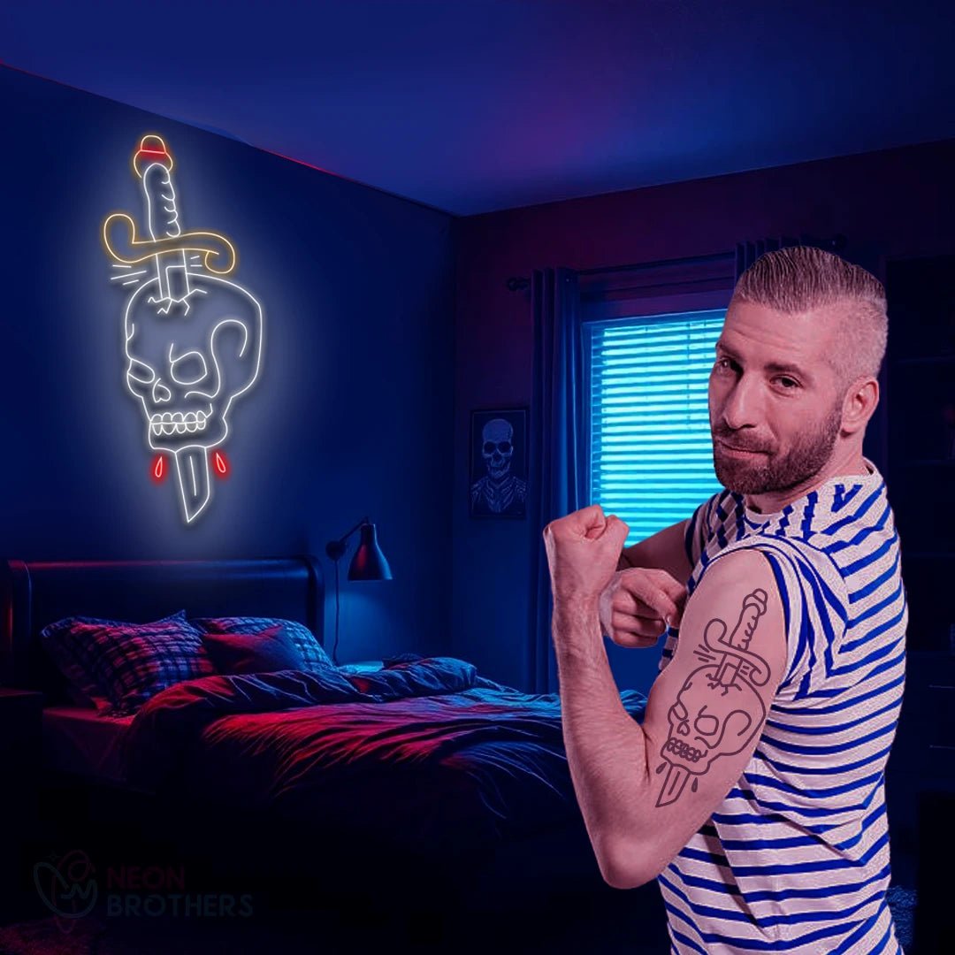 Skull & Dagger Neon Sign – Edgy Tattoo - Inspired LED Wall Art - Neon Brothers