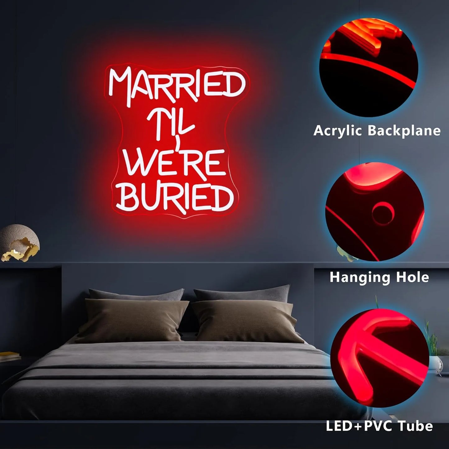 Married ‘Til We’re Buried Neon Sign – Romantic LED Wall Art for Couples & Weddings