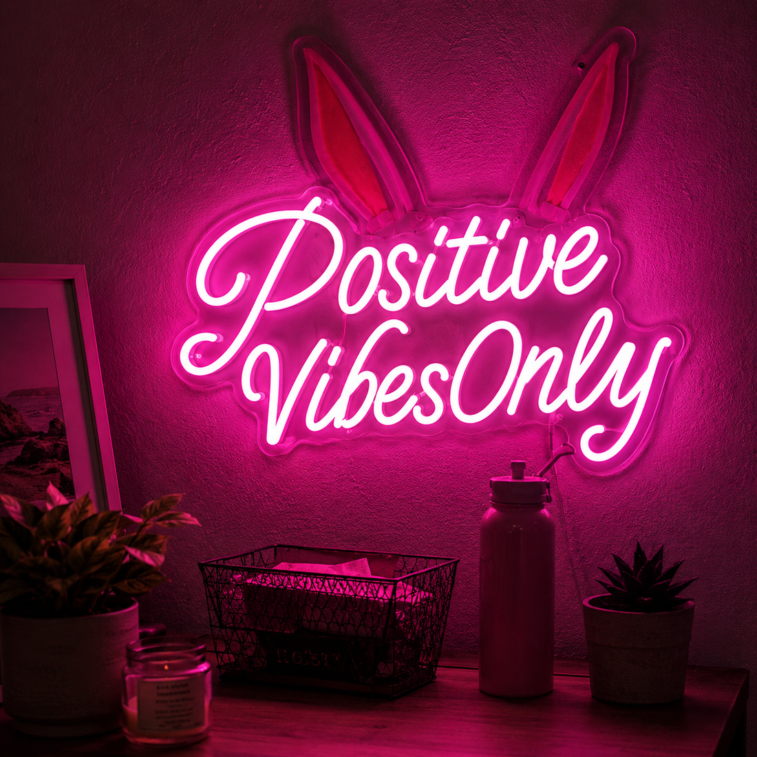 Positive Vibes Only Bunny LED Neon Sign – Cute Motivational Wall Decor
