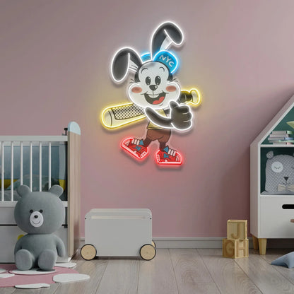 Rabbit Playing Baseball Neon Sign – A Playful Glow for Kids & Sports Lovers