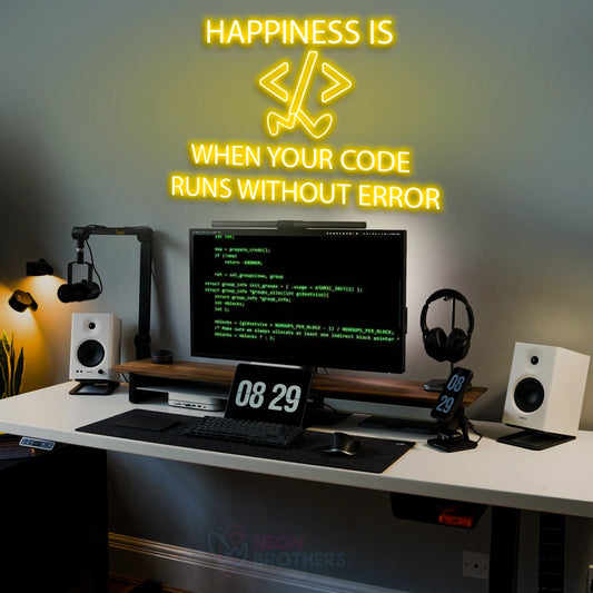 Happiness Is When Your Code Runs Without Error Neon Sign | Motivational Tech LED Light for Coders, Programmers & Developers