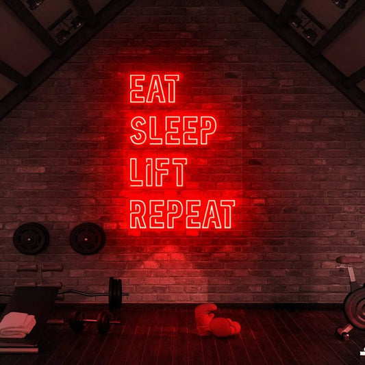 Eat Sleep Lift Repeat Neon Sign | Motivational LED Light for Gym, Fitness Room, Home Decor