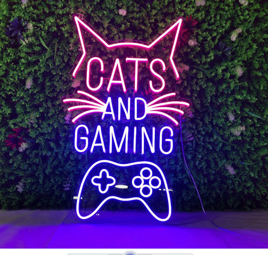 Cats and Gaming Neon Sign – LED Neon Light for Gamers, Kids, & Cat Lovers