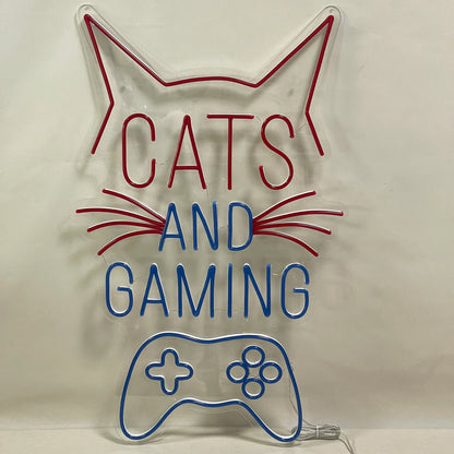 Cats and Gaming Neon Sign – LED Neon Light for Gamers, Kids, & Cat Lovers