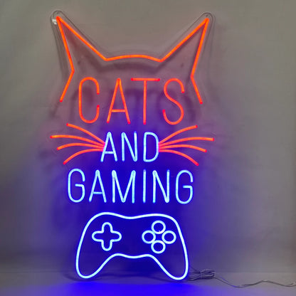 Cats and Gaming Neon Sign – LED Neon Light for Gamers, Kids, & Cat Lovers