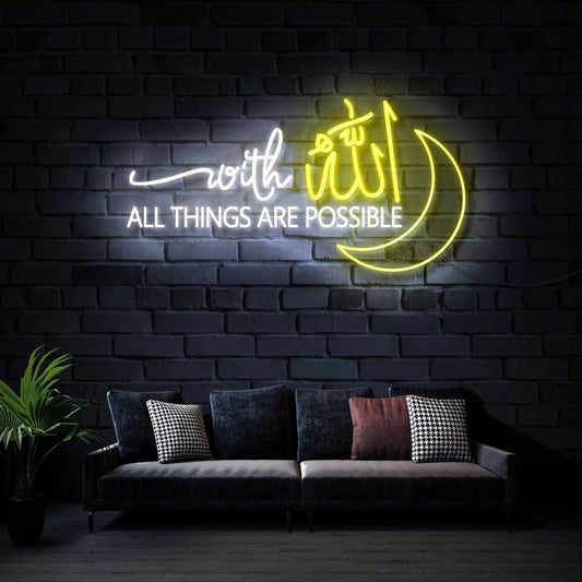 With Allah All Things Are Possible Neon Sign | LED Allah Light for Muslim Islamic Wall Decor